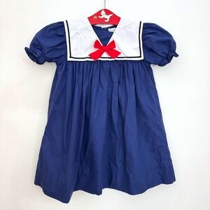 Petit Pomme Girls Navy Blue Sailor Dress Short Sleeve White Collar Red Bow 3T